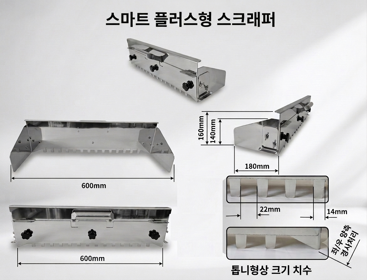 스마트 플러스형 스크래퍼 제품 모습과 600mm, 180mm, 160mm 주요 규격